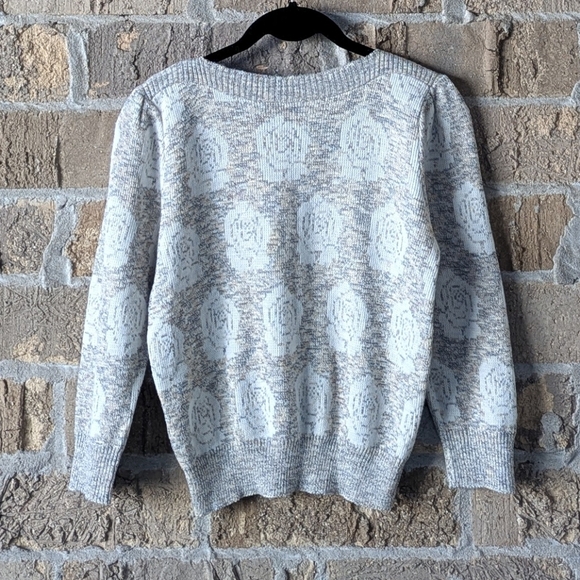 VTG 70s Neutral Pastel Roses Pinup Sweater Puff Sleeve Wide Neck XS Coquette - Picture 4 of 5